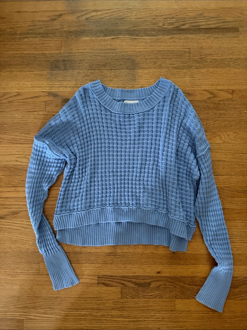 By Together Sky Blue Waffle Knit Cropped Crewneck Sweater size Medium 👀 cozy!!
